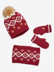 Girls-Accessories-Jacquard Knit Beanie + Snood + Gloves Set for Girls