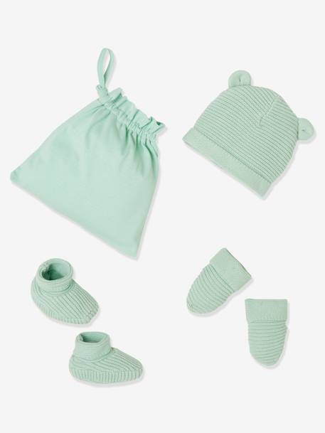 Beanie, Mittens & Booties Set, Matching Pouch, for Newborn Babies grey blue+Light Green+navy blue+White 