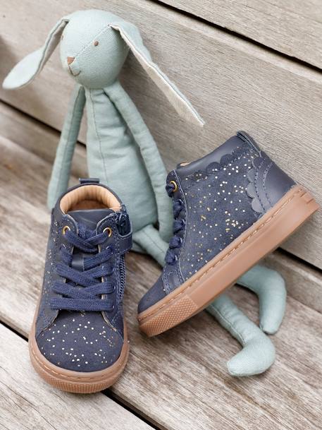 Leather High-Top Trainers with Laces, for Baby Girls Dark Blue 