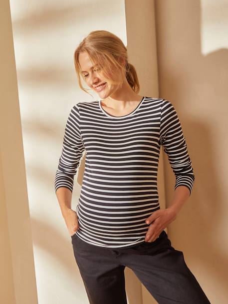 Long-Sleeved Maternity Top Black Stripes+ochre+White Stripes 