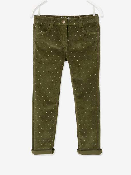 MorphologiK Slim Leg Corduroy Trousers with Iridescent Dots for Girls, Wide Hip Dark Blue/Print+Green/Print 