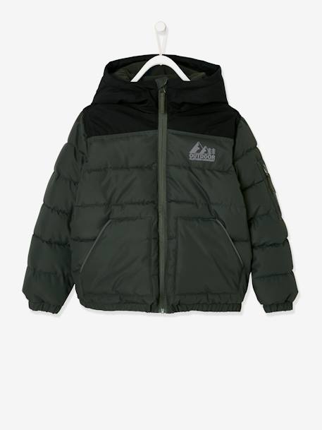Two-tone Hooded Jacket with Recycled Polyester Padding, for Boys Dark Green+Electric Blue+hazel 