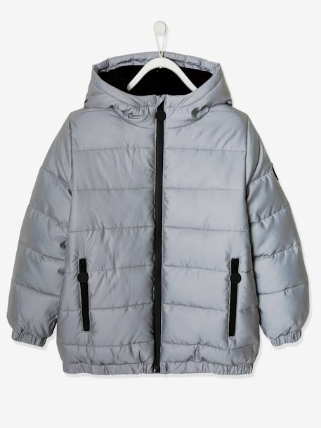 Padded Jacket with Polar Fleece Lined Hood, Reflective Effect & Recycled Fibre Padding for Boys Grey 