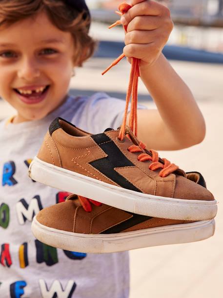 Leather Trainers with Laces & Zip, for Boys Brown 