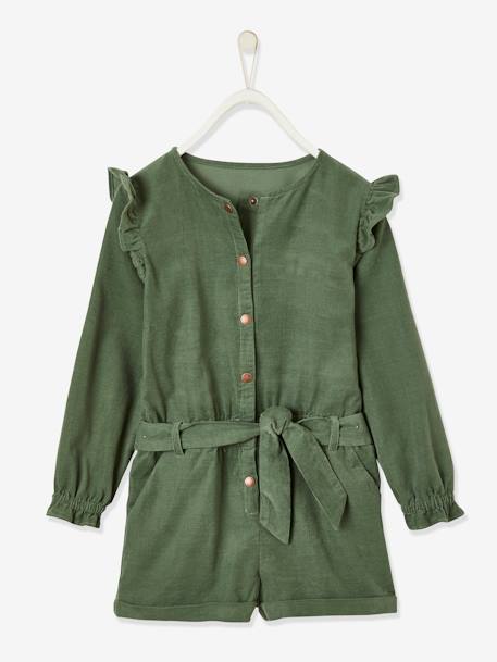 Corduroy Jumpsuit with Ruffles, for Girls Khaki+RED DARK SOLID 