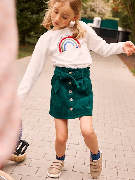 'Paperbag' Style Skirt in Corduroy for Girls Dark Green+peach+PINK LIGHT SOLID 