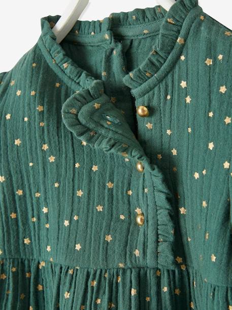 Cotton Gauze Dress with Asymmetric Fastening, for Babies Dark Green/Print 