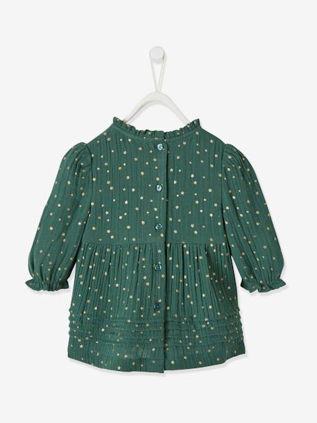 Cotton Gauze Dress with Asymmetric Fastening, for Babies Dark Green/Print 