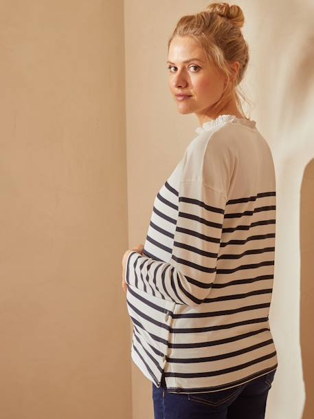 Top with Ruffled Collar, Maternity & Nursing Special Beige Stripes 