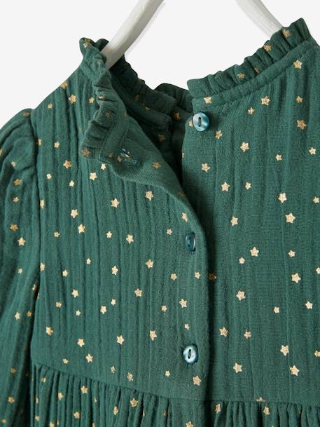 Cotton Gauze Dress with Asymmetric Fastening, for Babies Dark Green/Print 