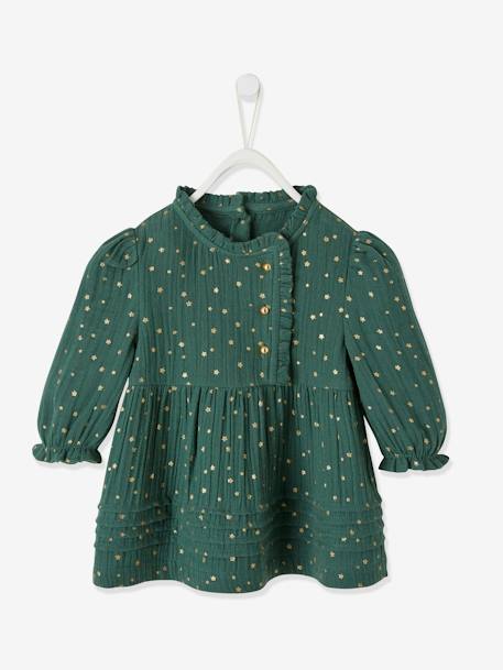 Cotton Gauze Dress with Asymmetric Fastening, for Babies Dark Green/Print 