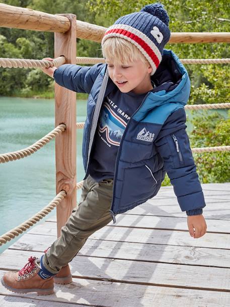 Two-tone Hooded Jacket with Recycled Polyester Padding, for Boys Dark Green+Electric Blue+hazel 