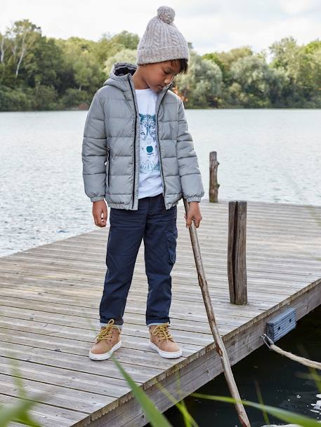 Padded Jacket with Polar Fleece Lined Hood, Reflective Effect & Recycled Fibre Padding for Boys Grey 