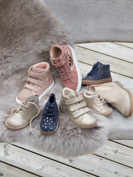Soft Leather Ankle Boots for Baby Girls, Designed for Crawling Gold+printed blue 
