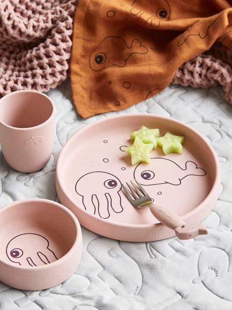 3-Piece Sea Friends Dinner Set in Silicone, DONE BY DEER BLUE LIGHT SOLID WITH DESIGN+PINK LIGHT SOLID WITH DESIGN 