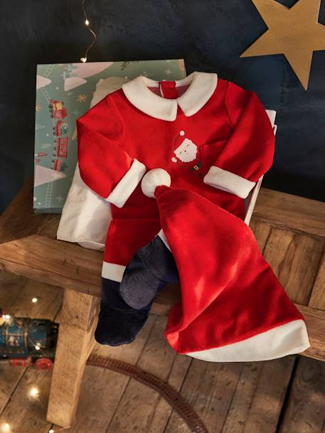 Christmas Gift Set for Babies: Velour Sleepsuit + Hat Dark Red 