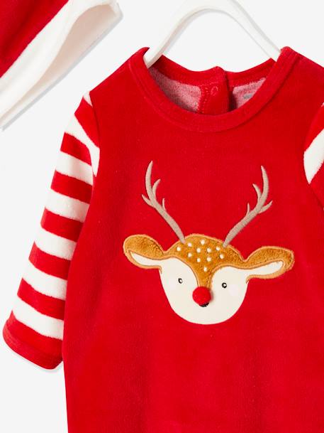 Christmas Gift Set for Babies: Velour Sleepsuit + Beanie Dark Red 