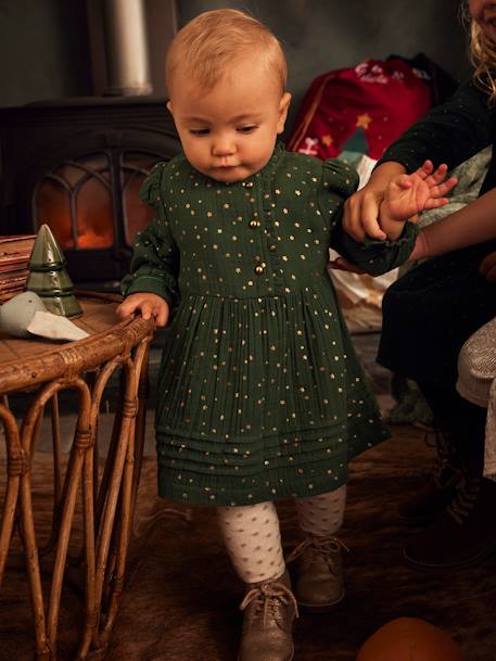 Cotton Gauze Dress with Asymmetric Fastening, for Babies Dark Green/Print+Dark Red/Print 