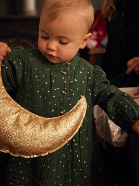 Cotton Gauze Dress with Asymmetric Fastening, for Babies Dark Green/Print 