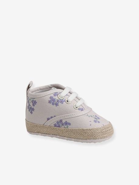 Soft Pram Shoes with Laces for Baby Girls PURPLE LIGHT ALL OVER PRINTED 