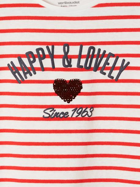 Striped T-Shirt, Sequinned Heart, for Girls WHITE MEDIUM STRIPED 