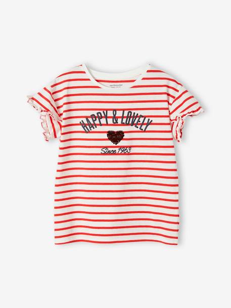 Striped T-Shirt, Sequinned Heart, for Girls WHITE MEDIUM STRIPED 