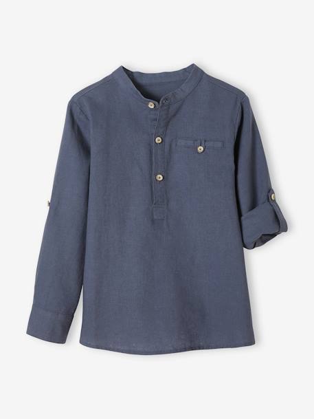 Shirt in Linen/Cotton, Mandarin Collar, Long Sleeves, for Boys BLUE BRIGHT SOLID+Green+sky blue+White 