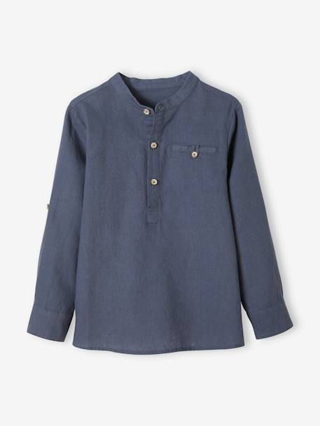 Shirt in Linen/Cotton, Mandarin Collar, Long Sleeves, for Boys BLUE BRIGHT SOLID+Green+sky blue+White 