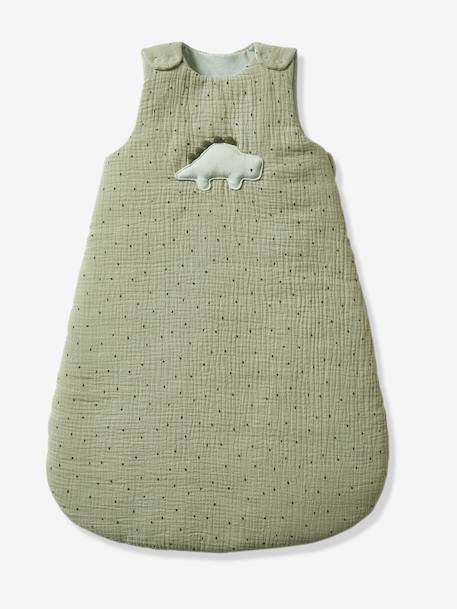 Sleeveless Baby Sleep Bag in Cotton Gauze, Dinosaurus GREEN MEDIUM SOLID WITH DESIG 