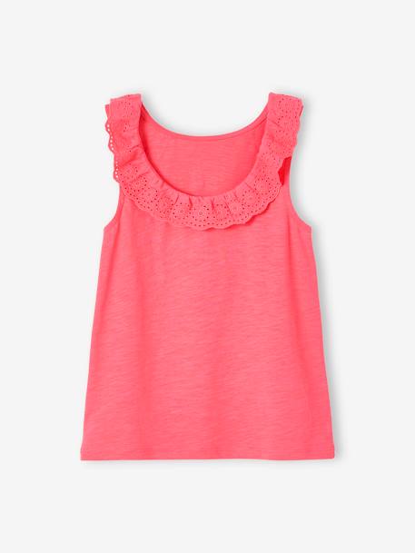 Sleeveless Top with Frilly Collar in Broderie Anglaise for Girls BLUE DARK SOLID+RED LIGHT SOLID 