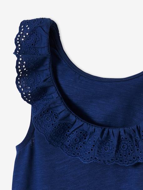 Sleeveless Top with Frilly Collar in Broderie Anglaise for Girls BLUE DARK SOLID+RED LIGHT SOLID 
