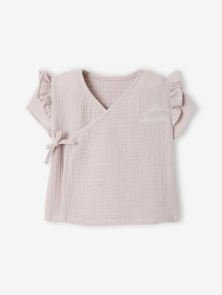 Wrap-Over Jacket in Cotton Gauze for Newborn Babies ecru+PURPLE LIGHT SOLID WITH DESIGN 