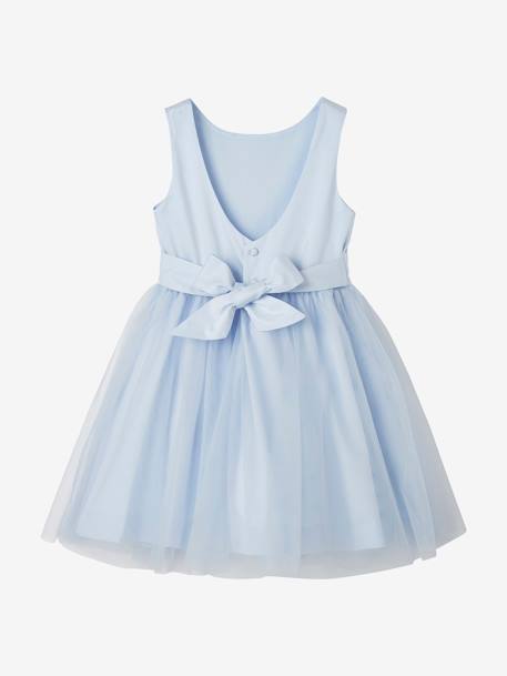 Girls' Sateen & Tulle Occasion Dress BLUE LIGHT SOLID+Light Pink+White 