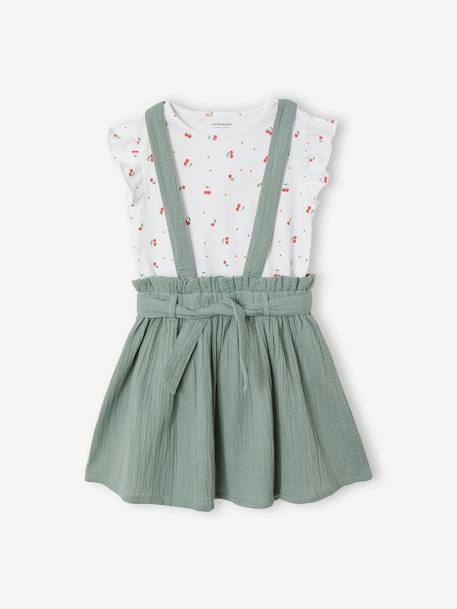 Striped T-Shirt + Cotton Gauze Skirt Outfit, for Girls coral+GREEN LIGHT SOLID+lilac+sage green 