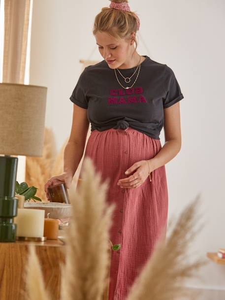 Long Skirt in Cotton Gauze for Maternity BROWN LIGHT SOLID+olive 