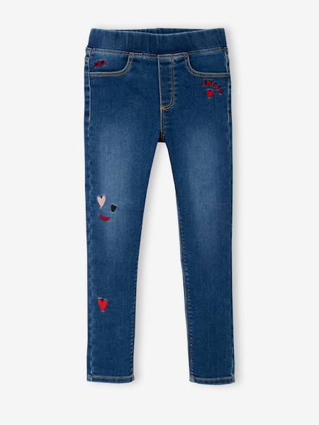 Embroidered Denim-Effect Treggings in Fleece for Girls BLUE MEDIUM SOLID WITH DESIGN+denim grey+double stone 