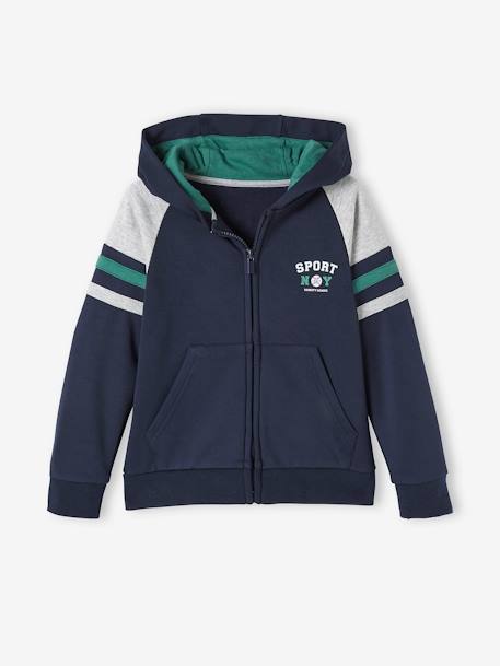 Sports Jacket with Zip & Hood, for Boys BLUE DARK SOLID WITH DESIGN 