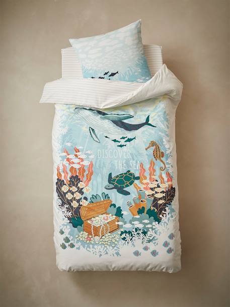 Duvet Cover + Pillowcase Set for Children, Deep Ocean BLUE MEDIUM SOLID WITH DESIGN 