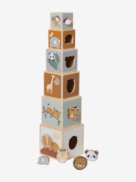 Cube Tower with Shape Sorter in FSC® Wood BEIGE MEDIUM SOLID WITH DECOR+Forest Friends+Forest Friends 
