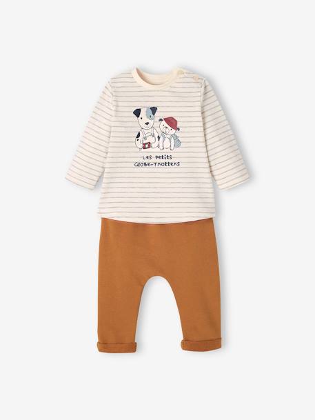 Top & Fleece Trouser Combo for Babies BROWN MEDIUM SOLID+indigo 