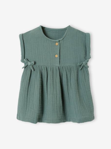 Dress in Cotton Gauze for Babies GREEN MEDIUM SOLID+ochre 