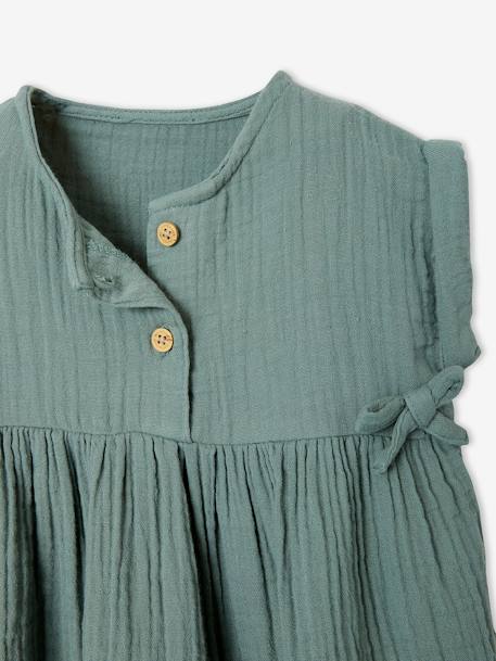 Dress in Cotton Gauze for Babies GREEN MEDIUM SOLID+ochre 