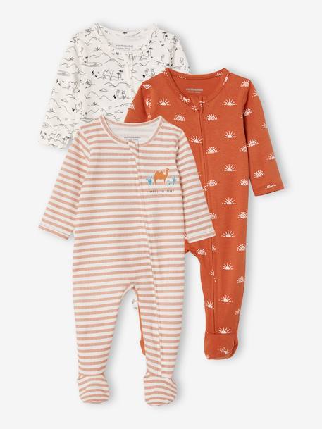 Pack of 3 Cotton Sleepsuits for Babies, Oeko Tex® WHITE LIGHT TWO COLOR/MULTICOL 