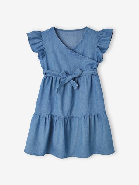 Light Denim Dress with Wrap-Over Effect for Girls BLUE DARK WASCHED 