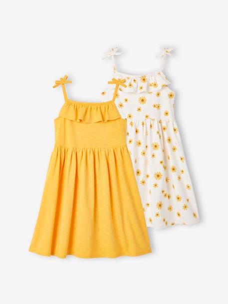 Pack of 2 Strappy Dresses: 1 Printed + 1 Plain, for Girls BLUE MEDIUM TWO COLOR/MULTICOL+YELLOW MEDIUM 2 COLOR/MULTICOL 