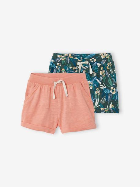 Pack of 2 Shorts in Jersey Knit for Girls aqua green+PINK LIGHT 2 COLOR/MULTICOL R 