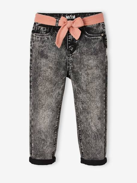 Mom Fit Jeans & Belt in Cotton Gauze, for Girls BLACK MEDIUM SOLID+BLUE MEDIUM SOLID 