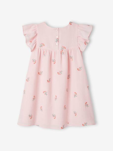 Embroidered Dress in Cotton Gauze for Girls PINK LIGHT ALL OVER PRINTED 