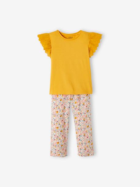 T-Shirt & Fluid Printed Trouser Combo, for Girls YELLOW MEDIUM SOLID 