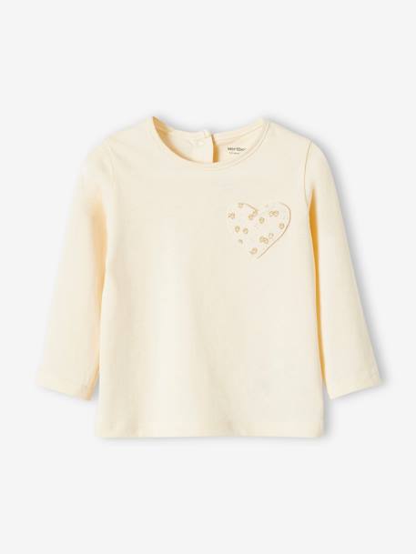 Top with Heart Pocket & Strawberries, for Baby Girls BEIGE LIGHT SOLID WITH DESIGN 